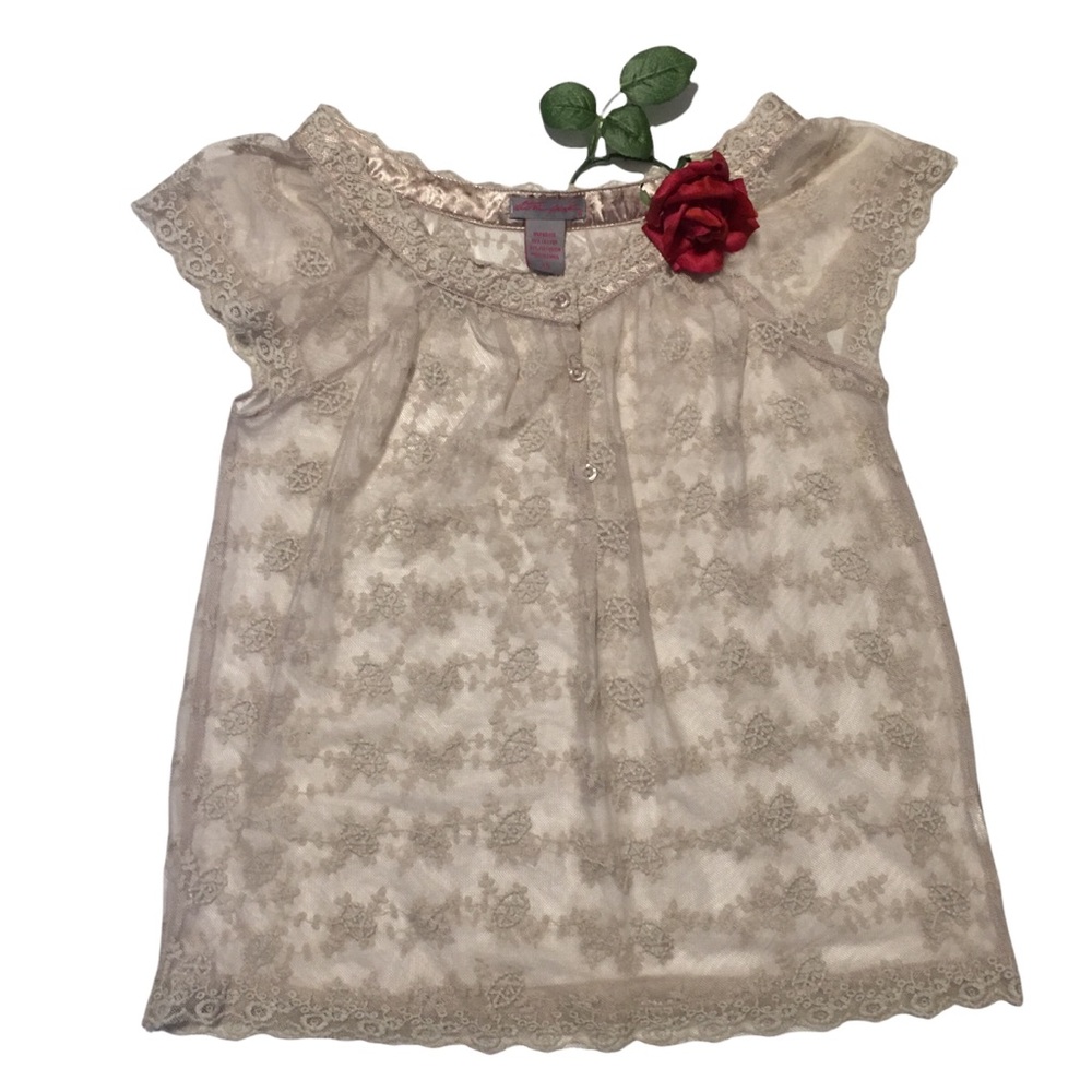 Ultra Pink TAN lace top Sm scalloped edges sheer EUC XS